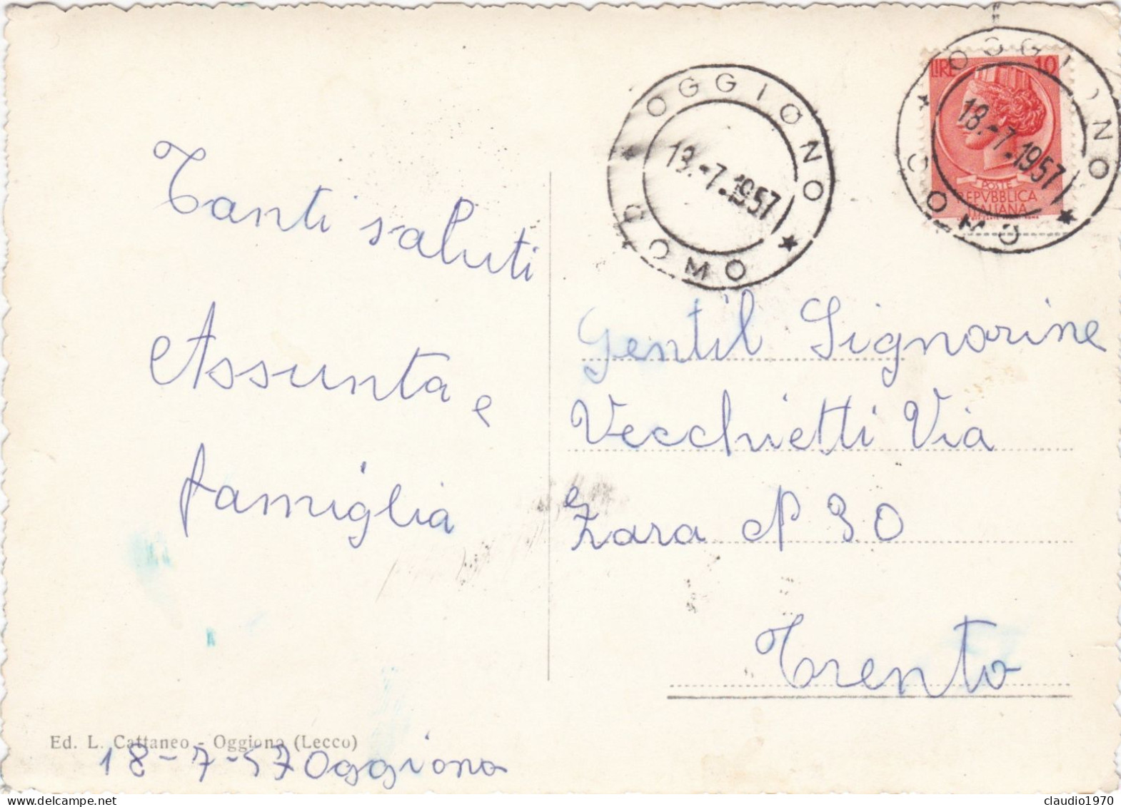 OGGIONO BRIANZA - (LECCO) CARTOLINA  - VIAGGIATA PER TRENTO - 1957 - Lecco