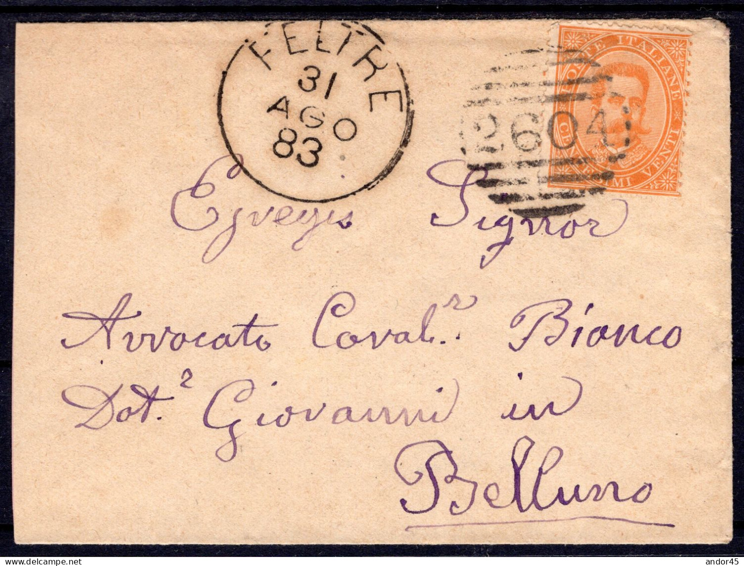 1883 31 AGO  C.20 SASS.39 "EFFIGIE DI UMBERTO I"USATO SU BUSTA DA FELTRE X BELLUNO  MOLTO BELLA - Poststempel