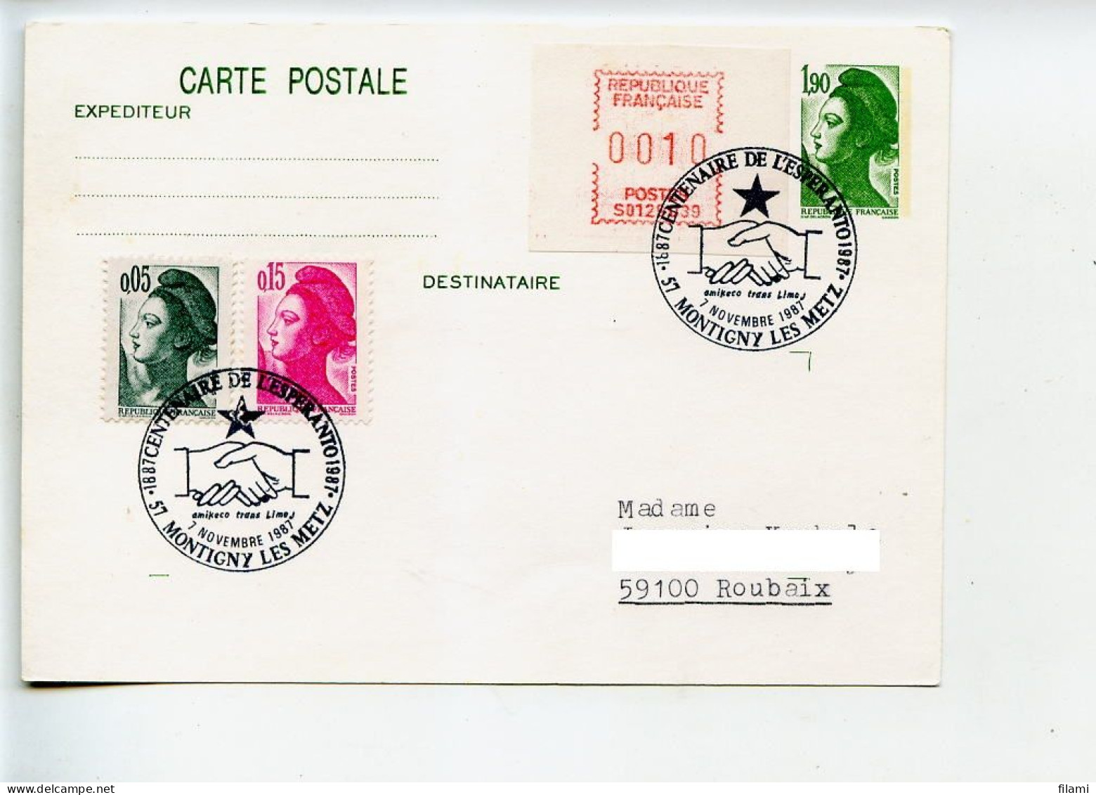 Esperanto,centenaire De L'esperanto Sur Entier Liberté Gandon,main,Montigny Les Metz 1987, LSA Vignette - Esperanto