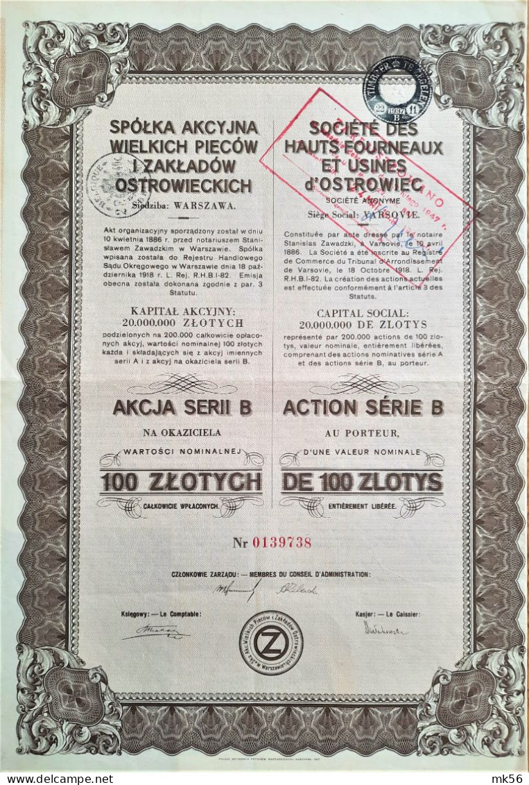 S.A. De Hauts Fourneaux Et Usines D'Ostrowiec - Action Série B De 100 Zlotys (1918) - Industrie