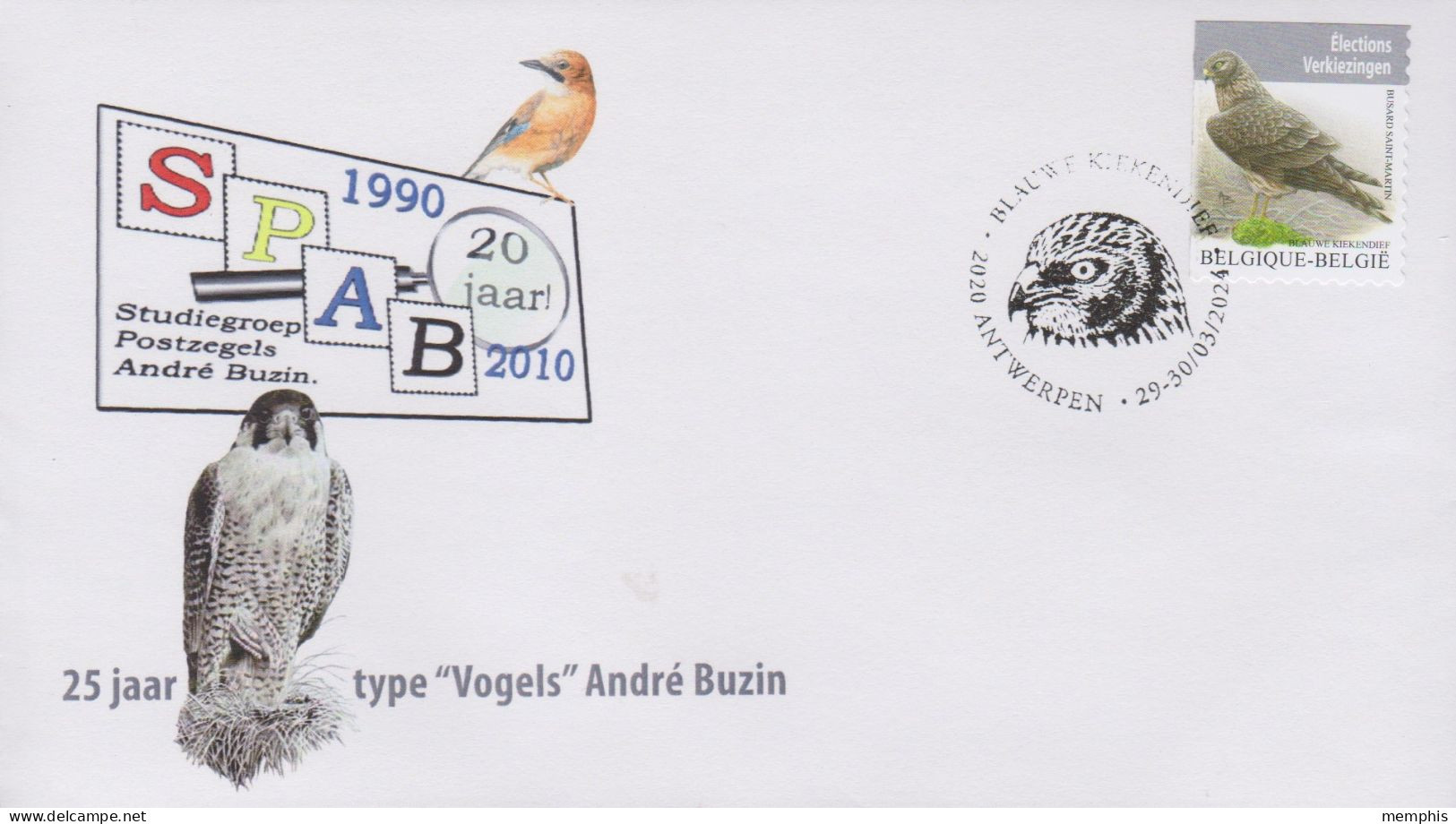 Fdc SPAB Zegel "Blauwe Kiekendief" Stempel "Antwerpen" 29/30-03-2024 - 1985-.. Oiseaux (Buzin)