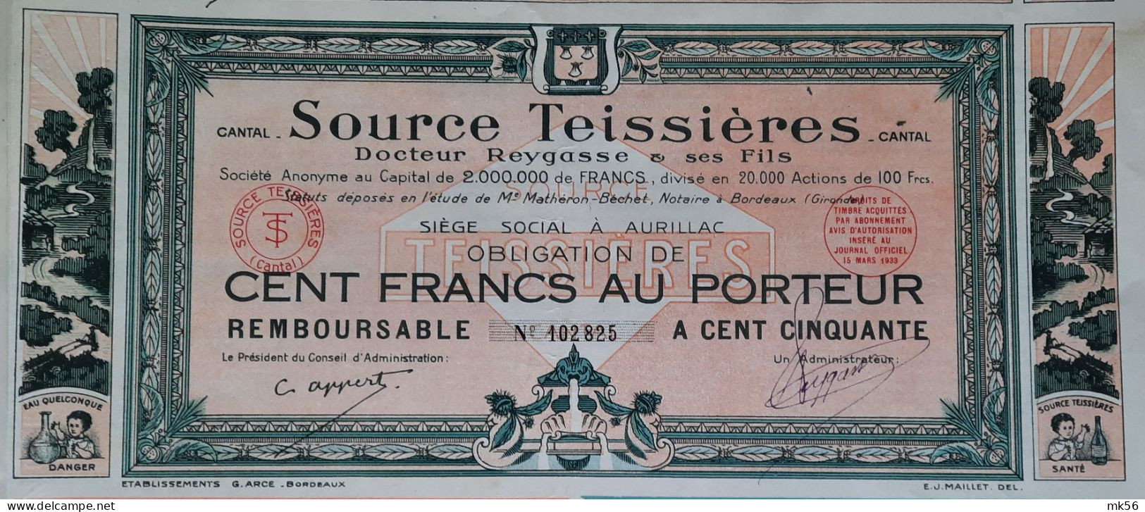 Source Teissières  - Docteur  Reygasse & Ses Fils - Obligation De 100 Francs Au Porteur (1933) Aurilac - Sonstige & Ohne Zuordnung