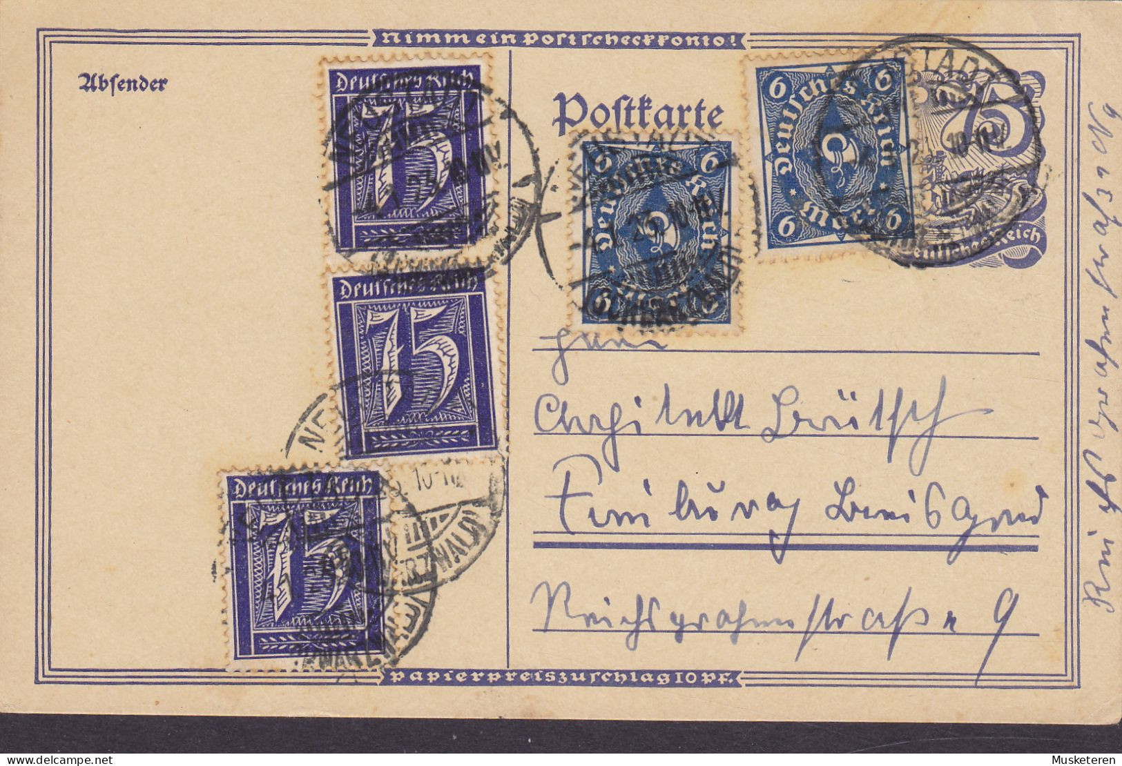 Deutsches Reich Uprated Postal Stationery Ganzsache 75 Pf. Postreiter NEUSTADT (Schwarzwald) 1923 (2 Scans) - Tarjetas