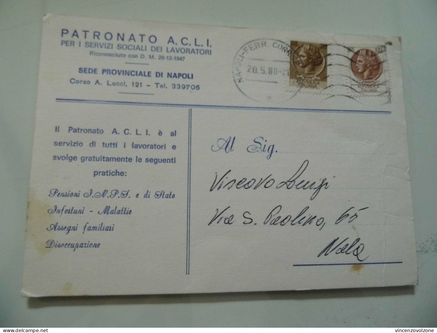 Cartolina Postale Viaggiata Da Nola A Napoli "PATRONANTO A.C.L.I." 1980 - 1971-80: Marcophilie