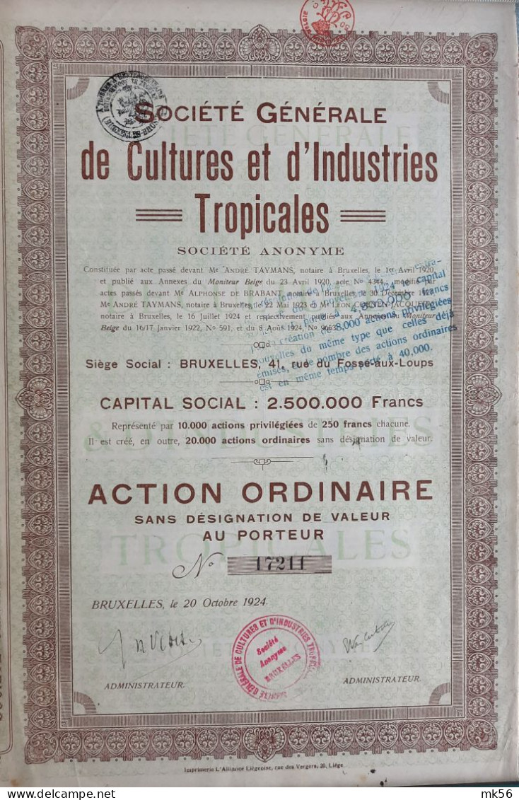 Société Générale De Cultures Et D'Industries Tropicales - Bruxelles - Action - 1924 - Industrie