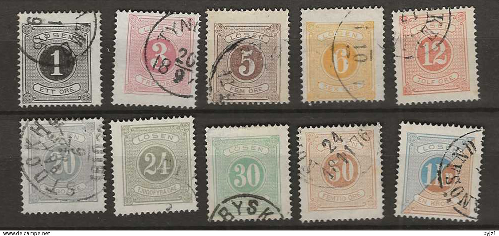 1874 USED Sweden Mi 1-10A Perf 14 - Segnatasse