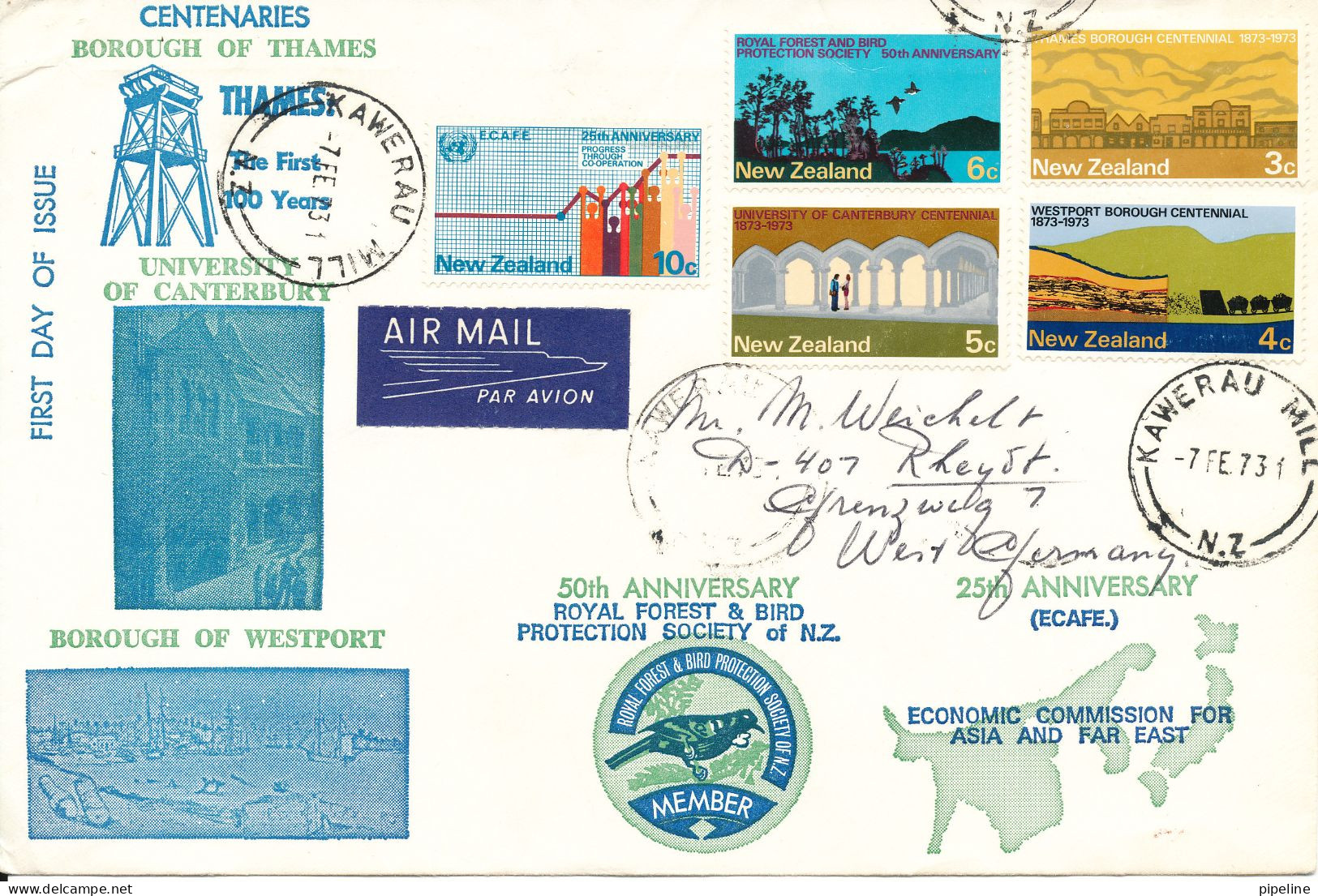 New Zealand FDC 7-2-1973 More Centenaries With Cachet Sent To Germany (traces Of Gluing On The Back Side Of The Cover - FDC