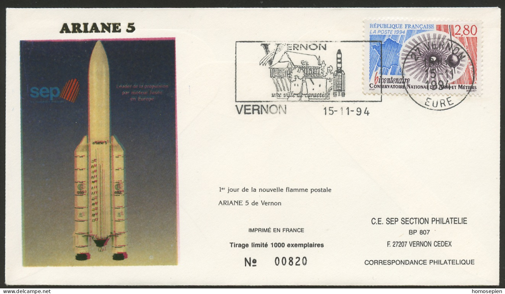 France - Frankreich LTC 1994 11 15 Y&T N°2904 - Michel N°BFS3050 - 1er Jour De La Flamme Ariane 5 à Vernon - Brieven En Documenten