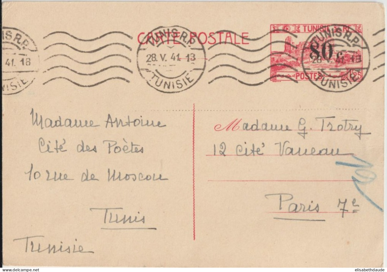 1941 - TUNISIE - CARTE ENTIER SURCHARGEE "80" De TUNIS => PARIS - Lettres & Documents