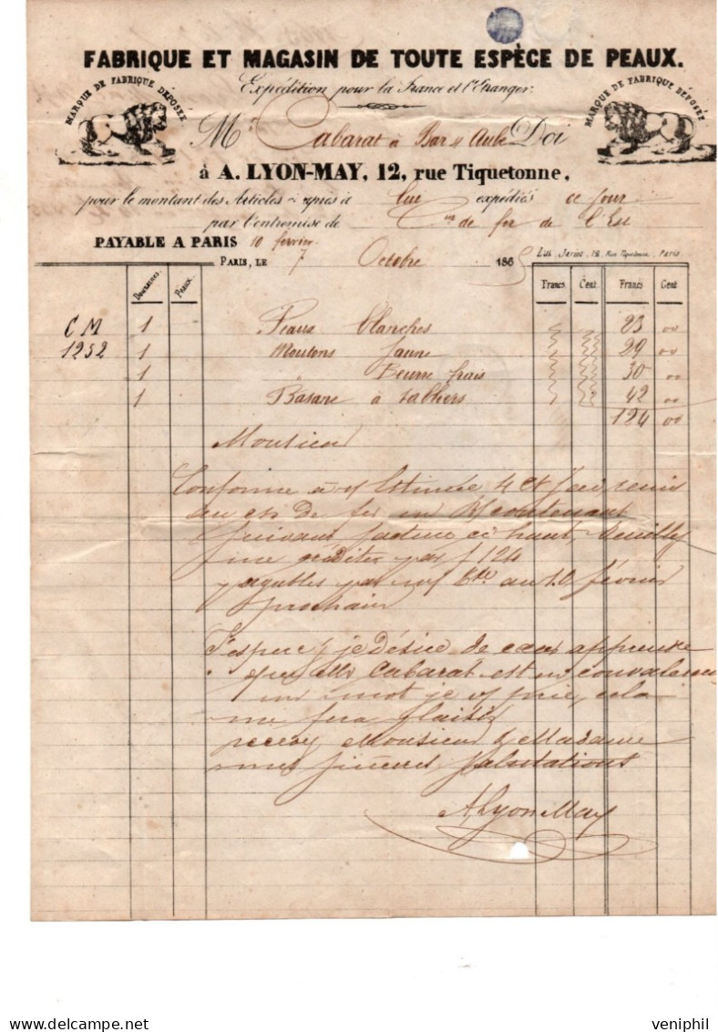 FACTURE ET MAGASINS DE TOUTE ESPECE DE PEAUX - A.LYON -MAT -AFFRANCHIE N° 29  ANNEE 1865- - Straßenhandel Und Kleingewerbe