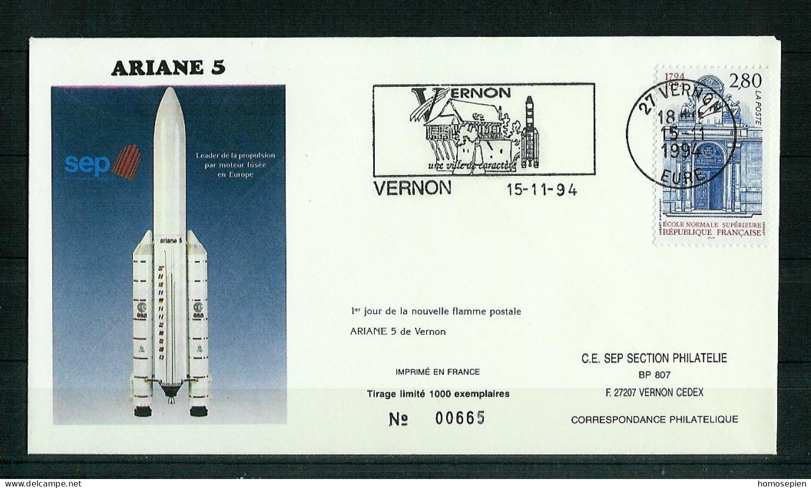 France - Frankreich LTC 1994 11 15 Y&T N°2907 - Michel N°BFS3052 - 1er Jour De La Flamme Ariane 5 à Vernon - Lettres & Documents