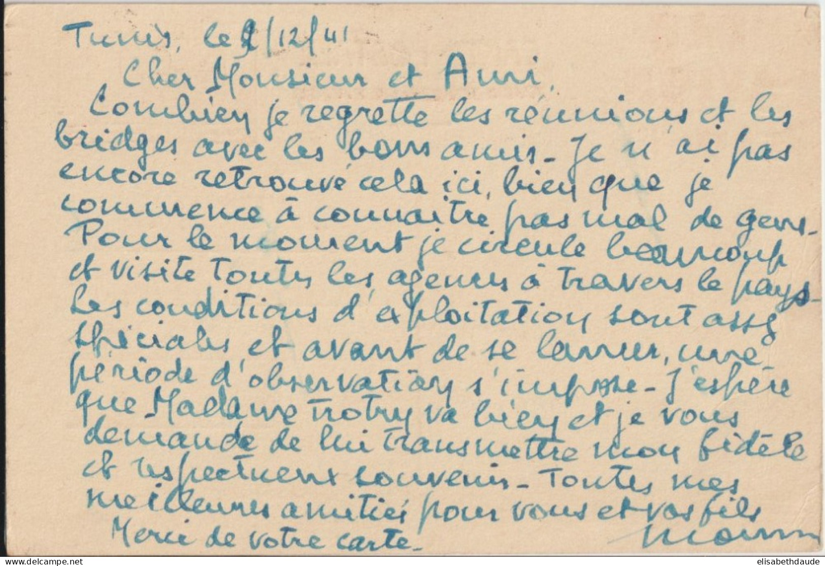 1941 - TUNISIE - CARTE ENTIER SURCHARGEE PAR AVION De TUNIS => PARIS - Cartas & Documentos