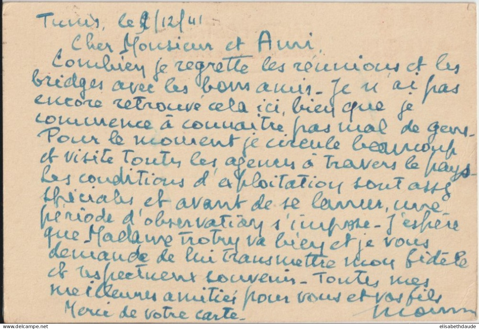 1941 - TUNISIE - CARTE ENTIER SURCHARGEE PAR AVION De TUNIS => PARIS - Covers & Documents