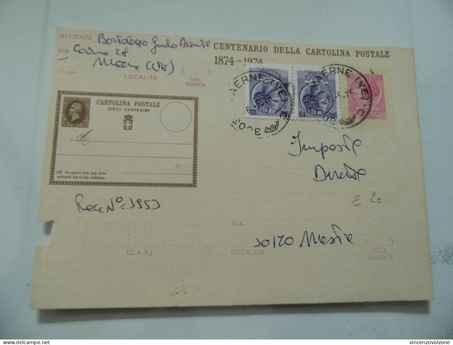 Cartolina Postale Viaggiata Per Mestre "UFFICIO IMPOSTE DIRETTE" 1975 - 1971-80: Marcophilie