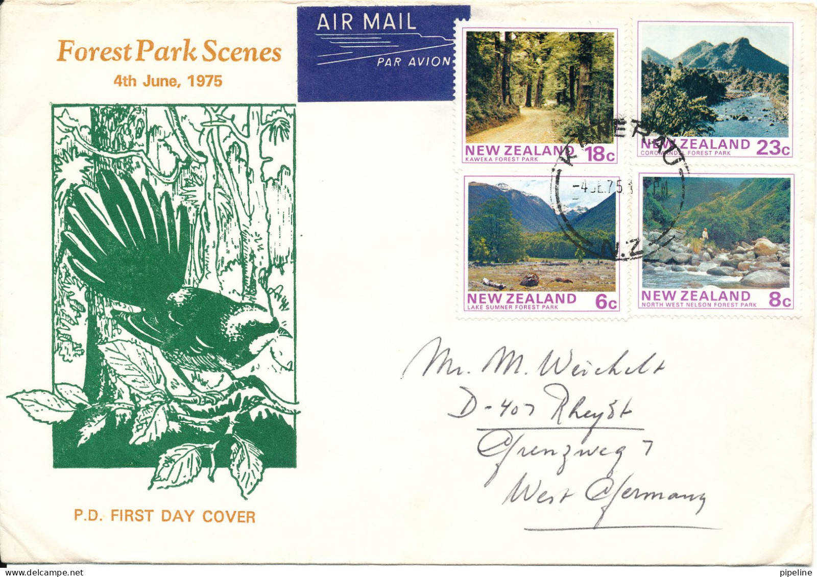 New Zealand FDC 4-6-1975 Complete Set Of 4 With Cachet Sent To Germany (traces Of Gluing  On The Back Side Of The Cover) - FDC