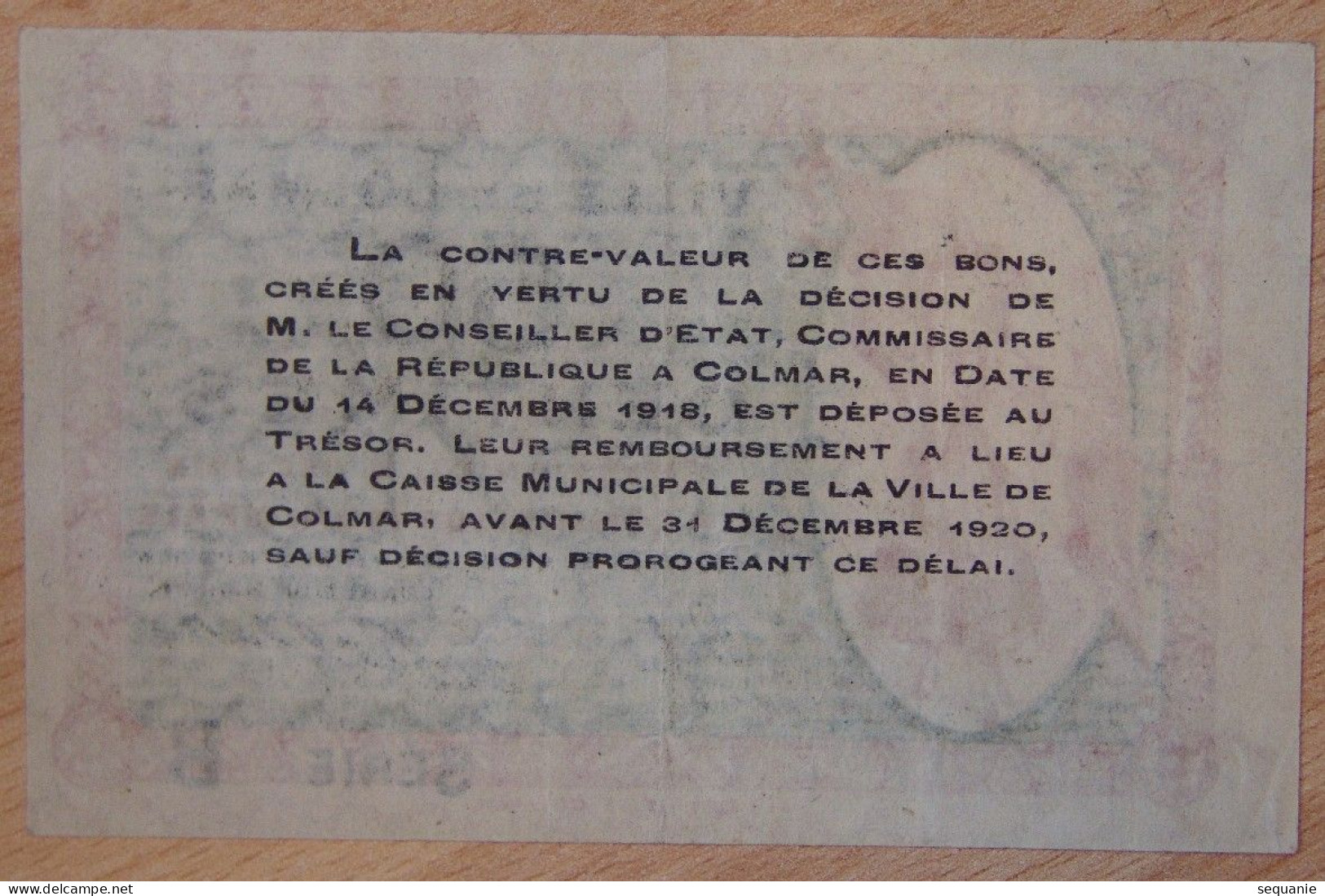 COLMAR  ( 68  Haut Rhin)  Ville De Colmar 15 Décembre 1918 Série B - Bonds & Basic Needs