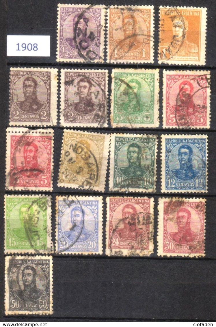 Argentine - 1908-1909 Général San Martin - 16 Timbres - Oblitérés