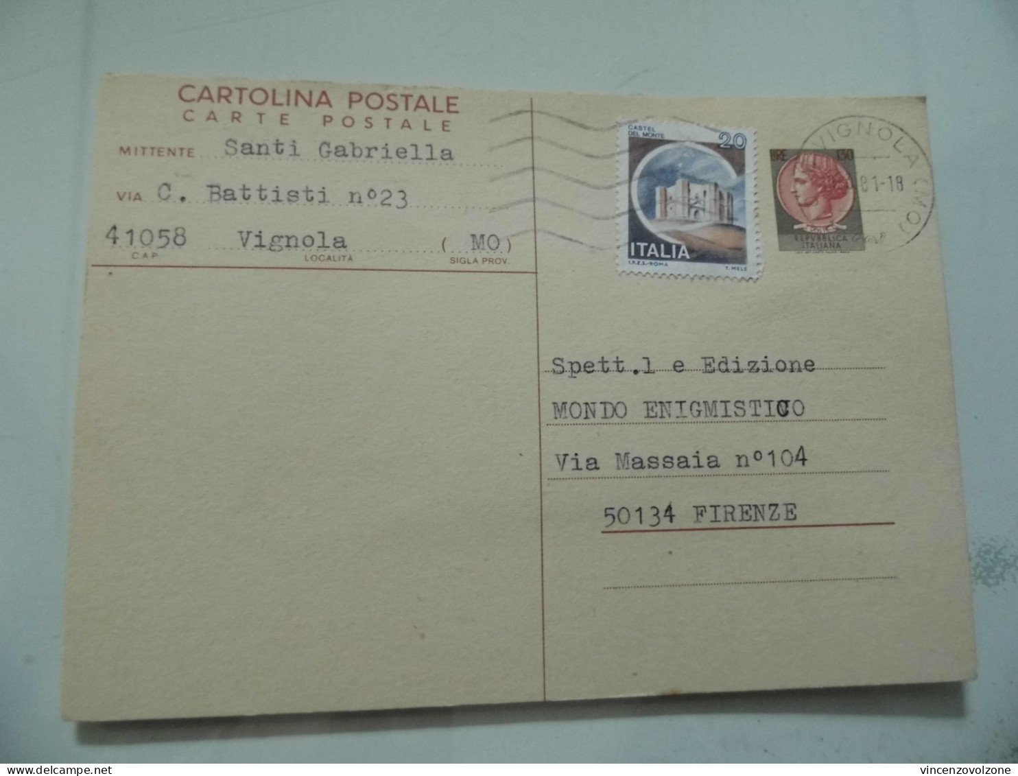 Cartolina Postale Viaggiata Da Vignola ( MO ) A Firenze "MONDO ENIGMISTICO" 1981 - 1981-90: Marcophilia