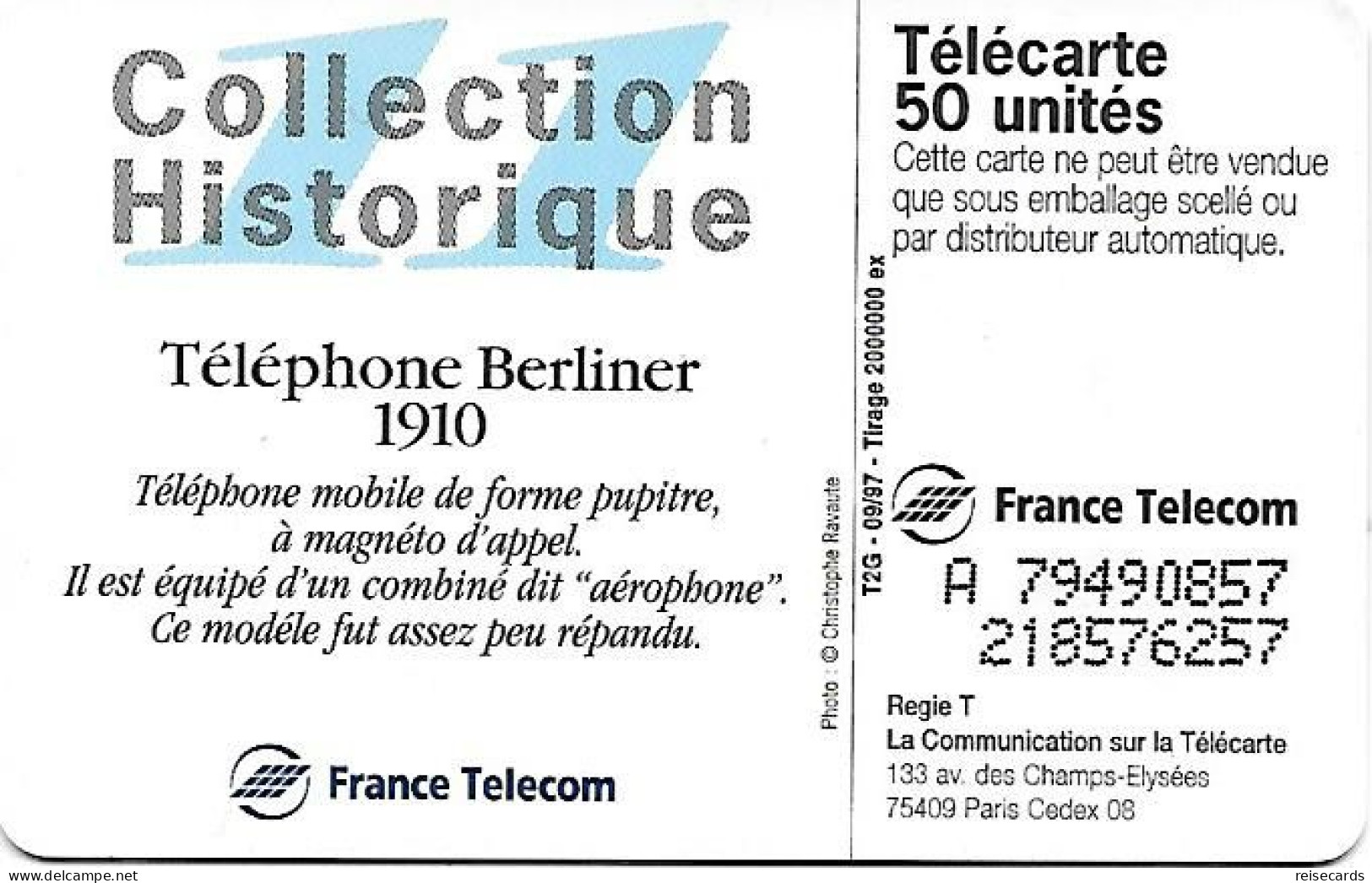 France: France Telecom 09/97 F789 Téléphone Berliner 1910 - 1997