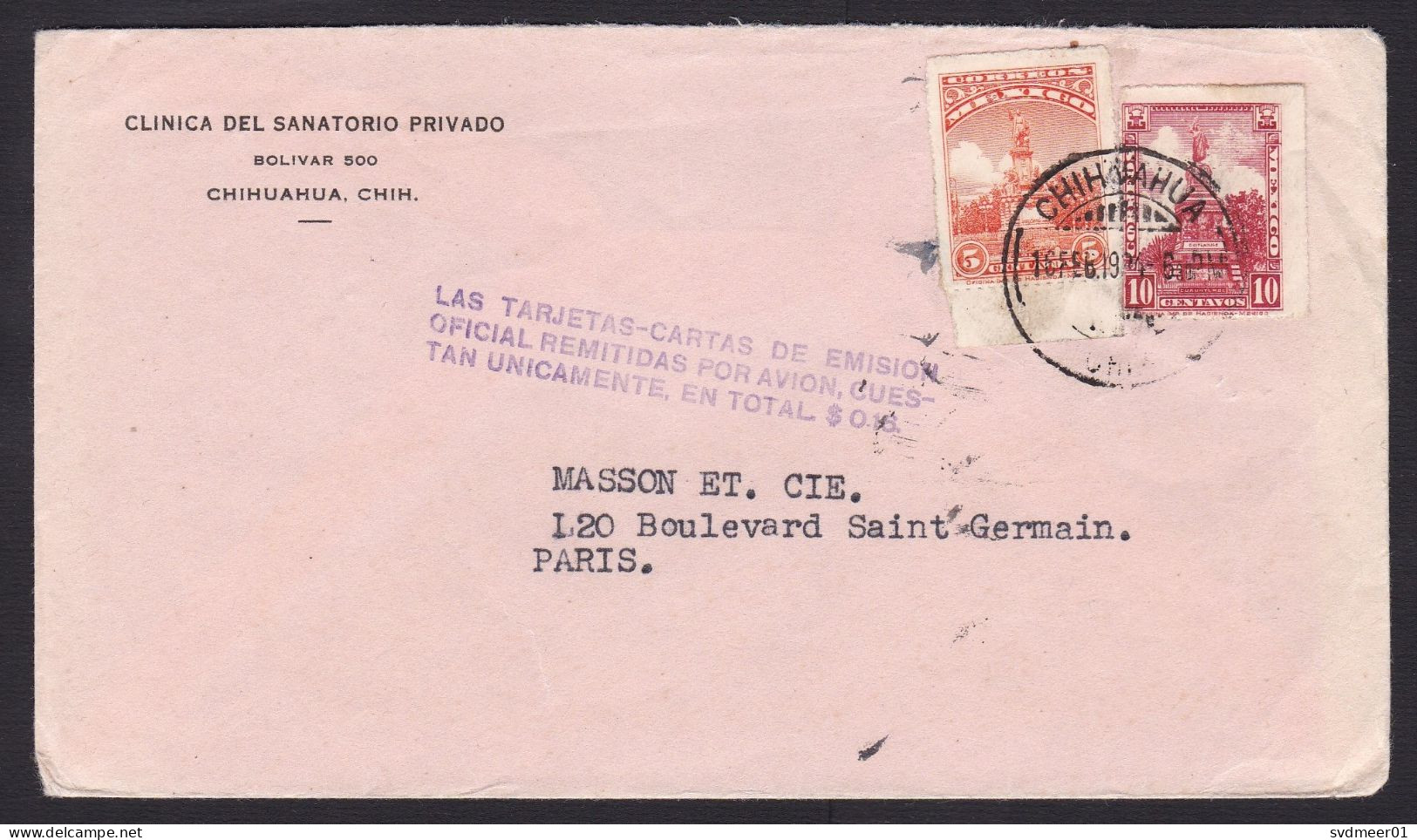 Mexico: Cover To France, 1934, 2 Stamps, Statue, Uncommon Cancel With Information On Airmail Rate (minor Discolouring) - Mexique