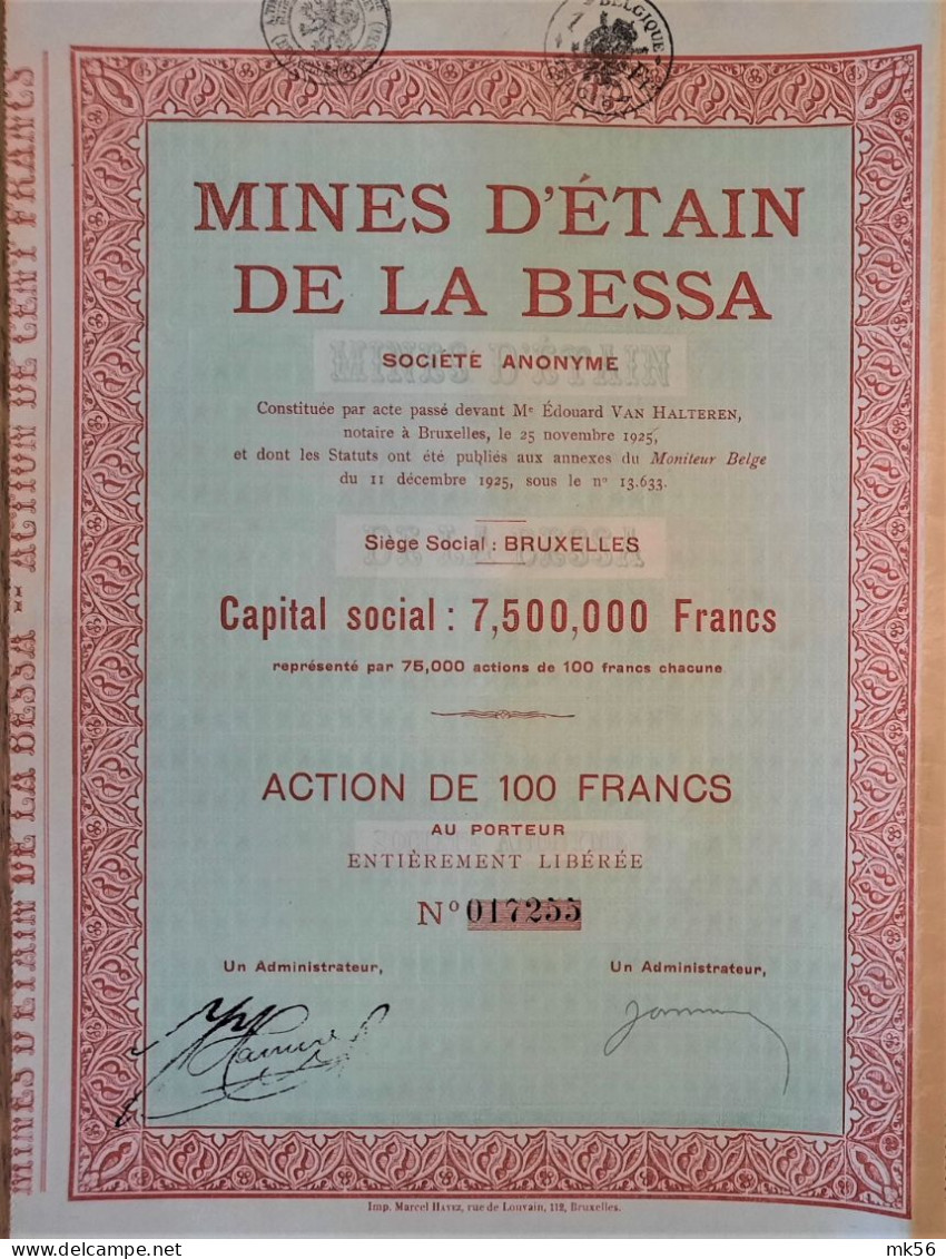 S.A. Mines D étain De La Bessa - Action De 100 Fr (1925) - Mineral