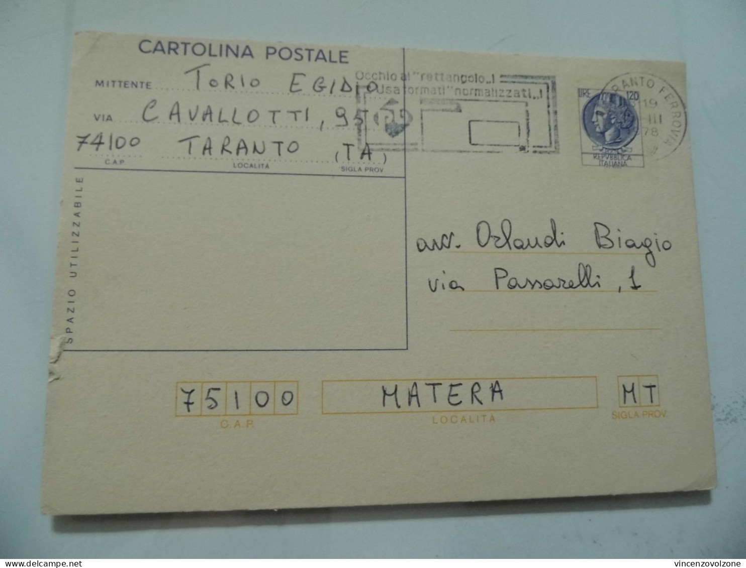 Cartolina Postale Viaggiata Da Matera A Taranto 1978 - 1971-80: Marcophilie