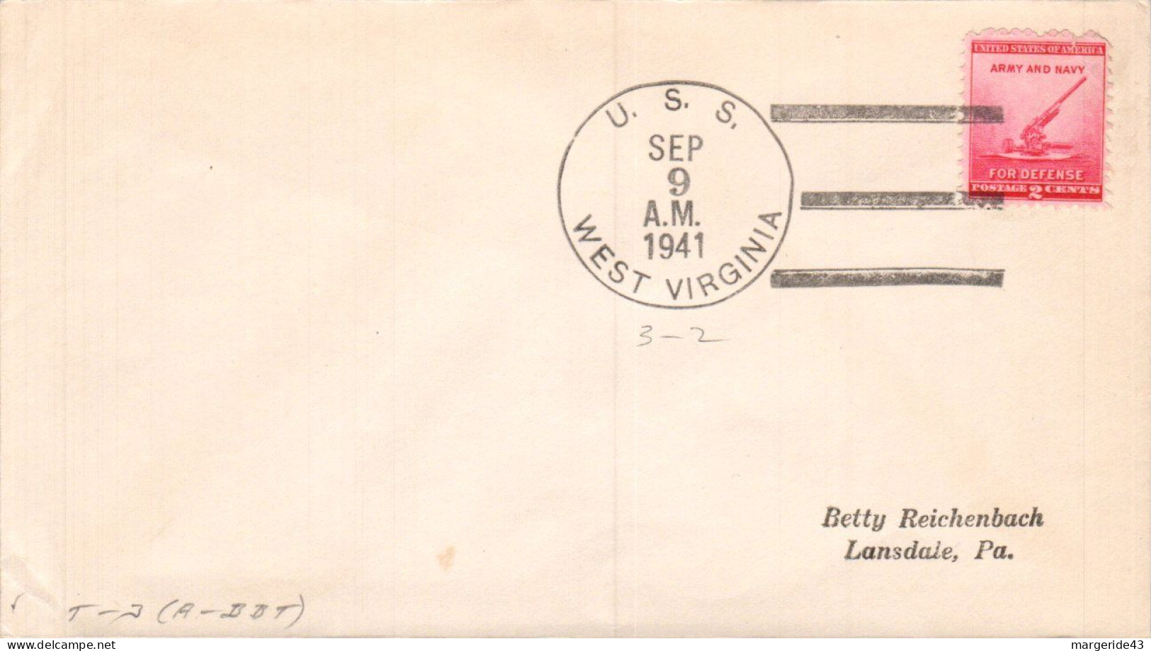 USA ETATS UNIS PLI DU NAVIRE U S S WEST VIRGINIA 1941 - Cartas & Documentos