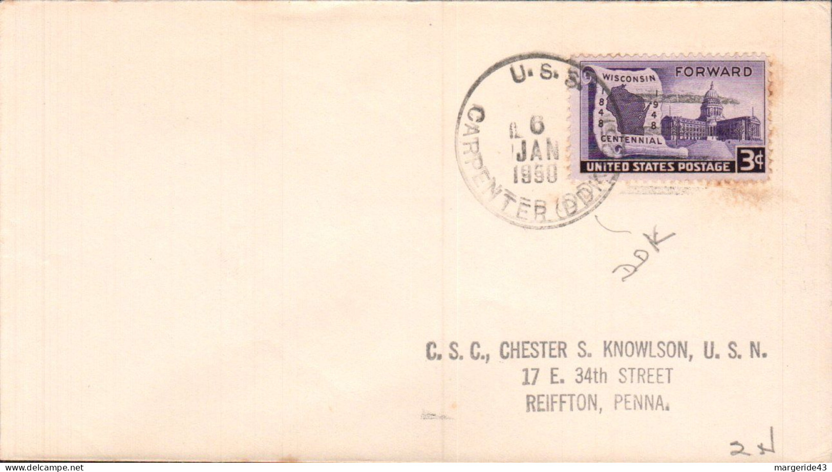 USA ETATS UNIS PLI DU NAVIRE U S S CARPENTER 1950 - Lettres & Documents