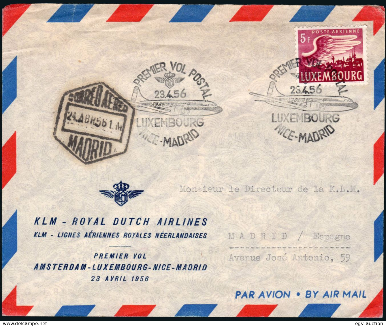 España - Sello Luxemburgo - Marca "Premier Vol Postal 23/04/56 - Luxemburgo - Niza - Madrid Por KLM" - Covers & Documents