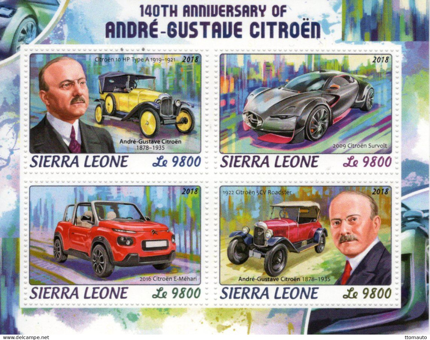 André-Gustave Citroen  - 140th Anniversary - Citroen Type A-E-Méhari-5CV-Survolt -  Sierra Leone 4v Sheet MNH/Mint/Neuf - Cars