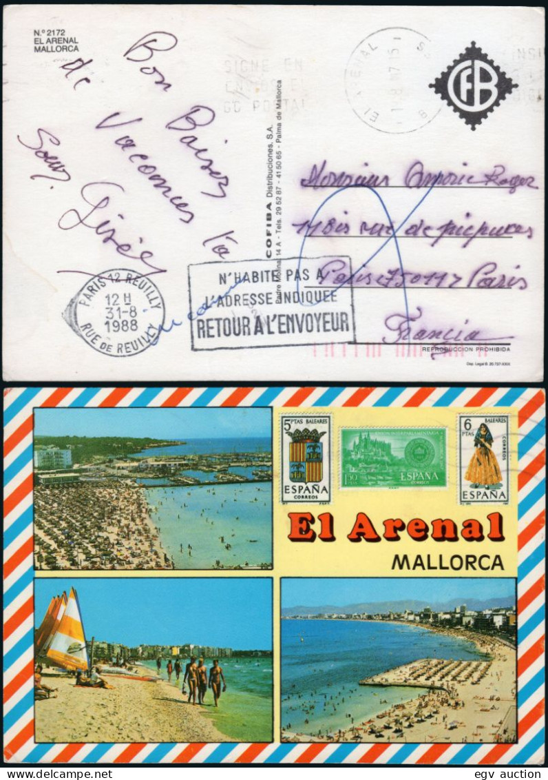 Baleares - O TP - Postal Sin Sellos Y Sin Tasar Mat Rodillo De Llegada A Paris "N'habite Pas L'adresse Indiquee - Retour - Covers & Documents