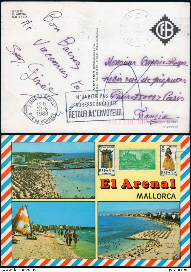 Baleares - O TP - Postal Sin Sellos Y Sin Tasar Mat Rodillo De Llegada A Paris "N'habite Pas L'adresse Indiquee - Retour - Cartas & Documentos