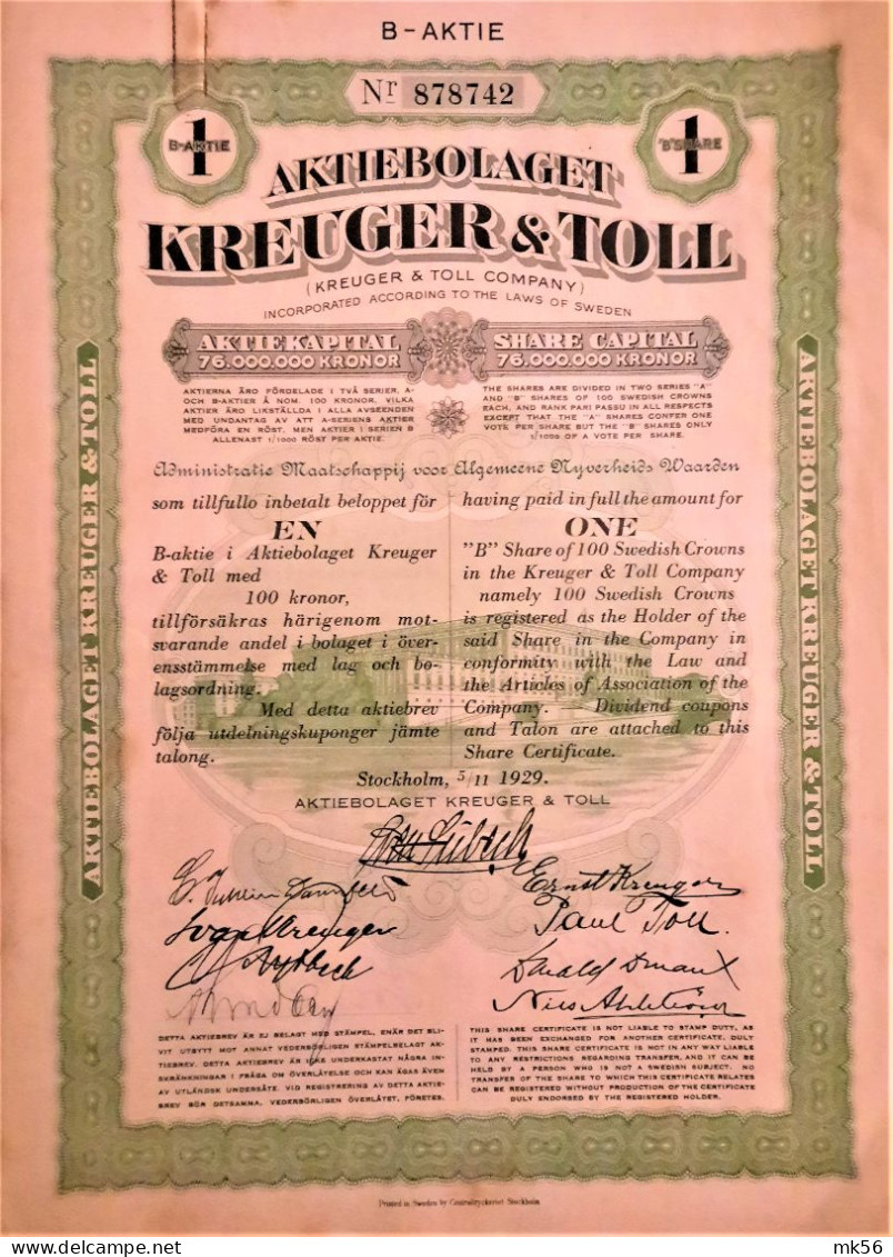 Aktiebolaget Kreuger & Toll - 1 B Aktie  -Stockholm - 1929 - Andere & Zonder Classificatie