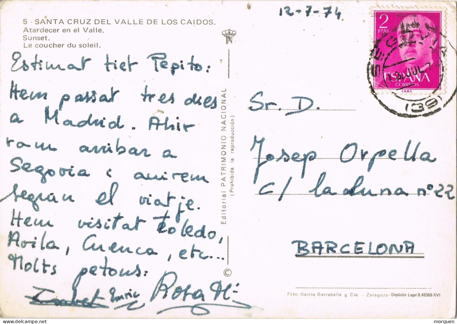 54782. Postal SEGOVIA 1974. Vista Santa Cruz Del Valle De Los Caidos - Cartas & Documentos