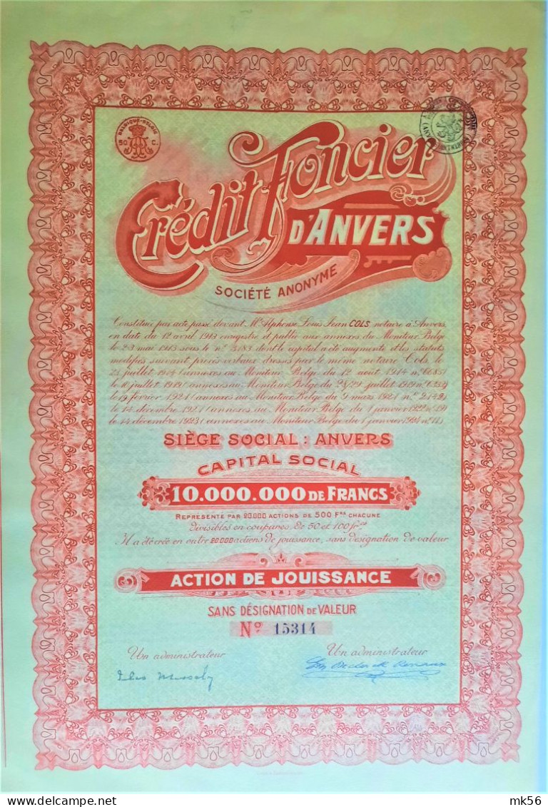 S.A. Credit Foncier D'Anvers - Action De Jouissance - 1924 - Autres & Non Classés