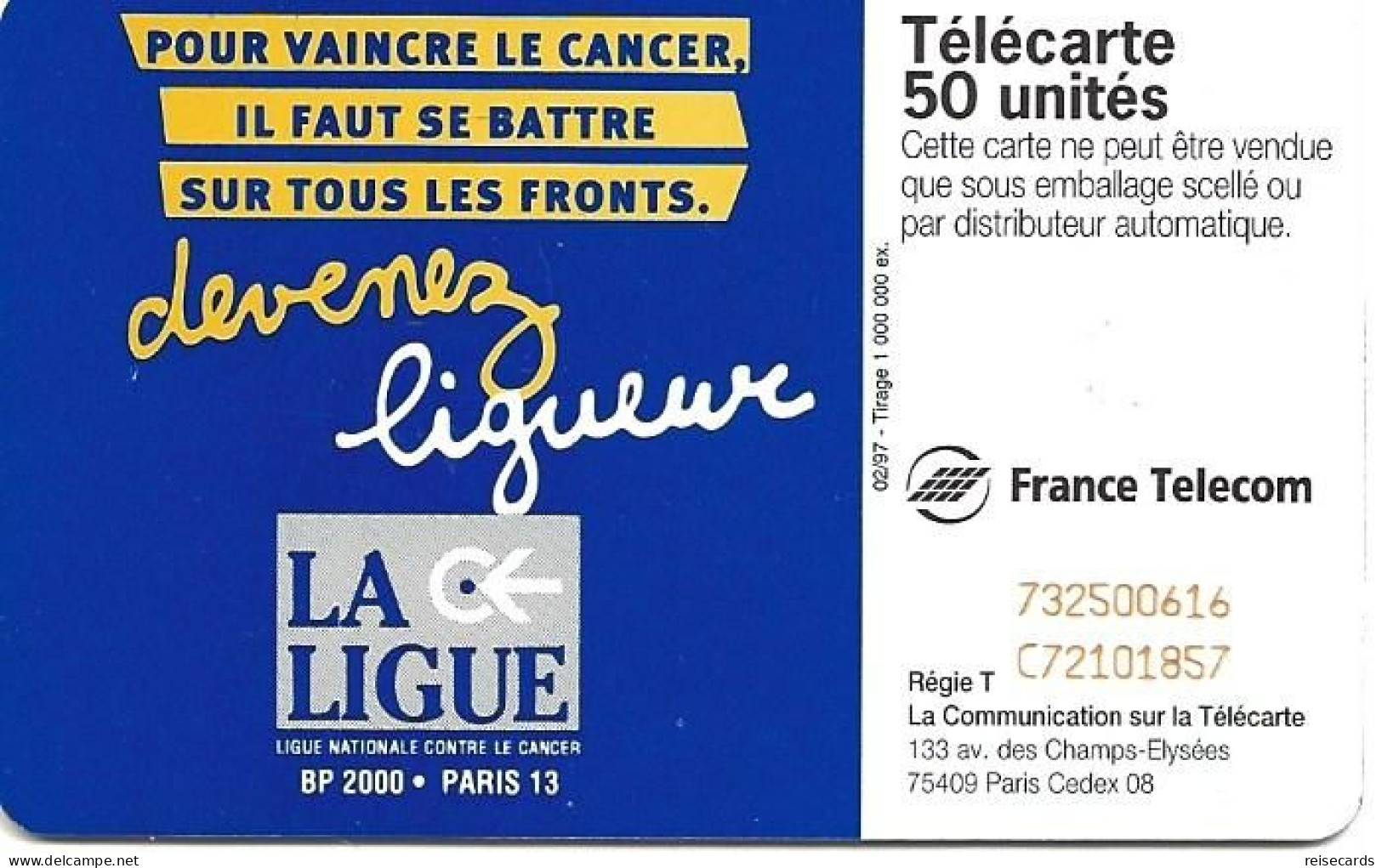 France: France Telecom 02/97 F721 Ligue Contre Le Cancer - 1997