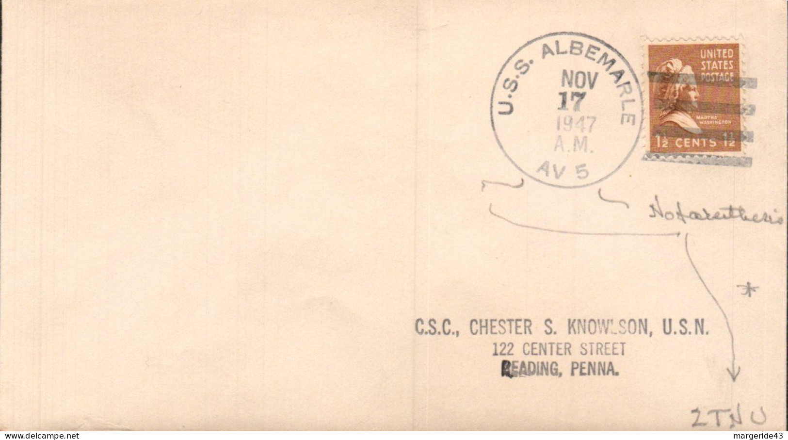 USA ETATS UNIS PLI DU NAVIRE U S S ALBEMARLE 1947 - Cartas & Documentos