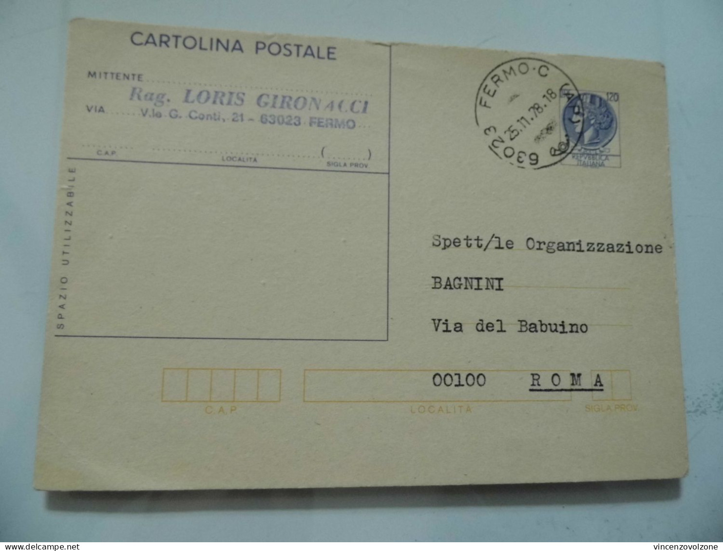 Cartolina Postale Viaggiata Da Fermo A Roma "ORGANIZZAZIONE BAGNINI" 1978 - 1971-80: Marcophilie