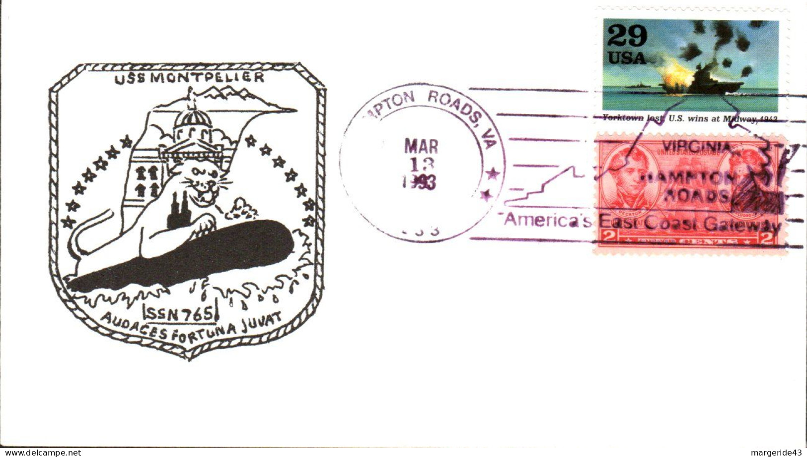 USA ETATS UNIS PLI DU NAVIRE U S S MONTPELLIER  AT HAMPTON ROADS 1993 - Covers & Documents