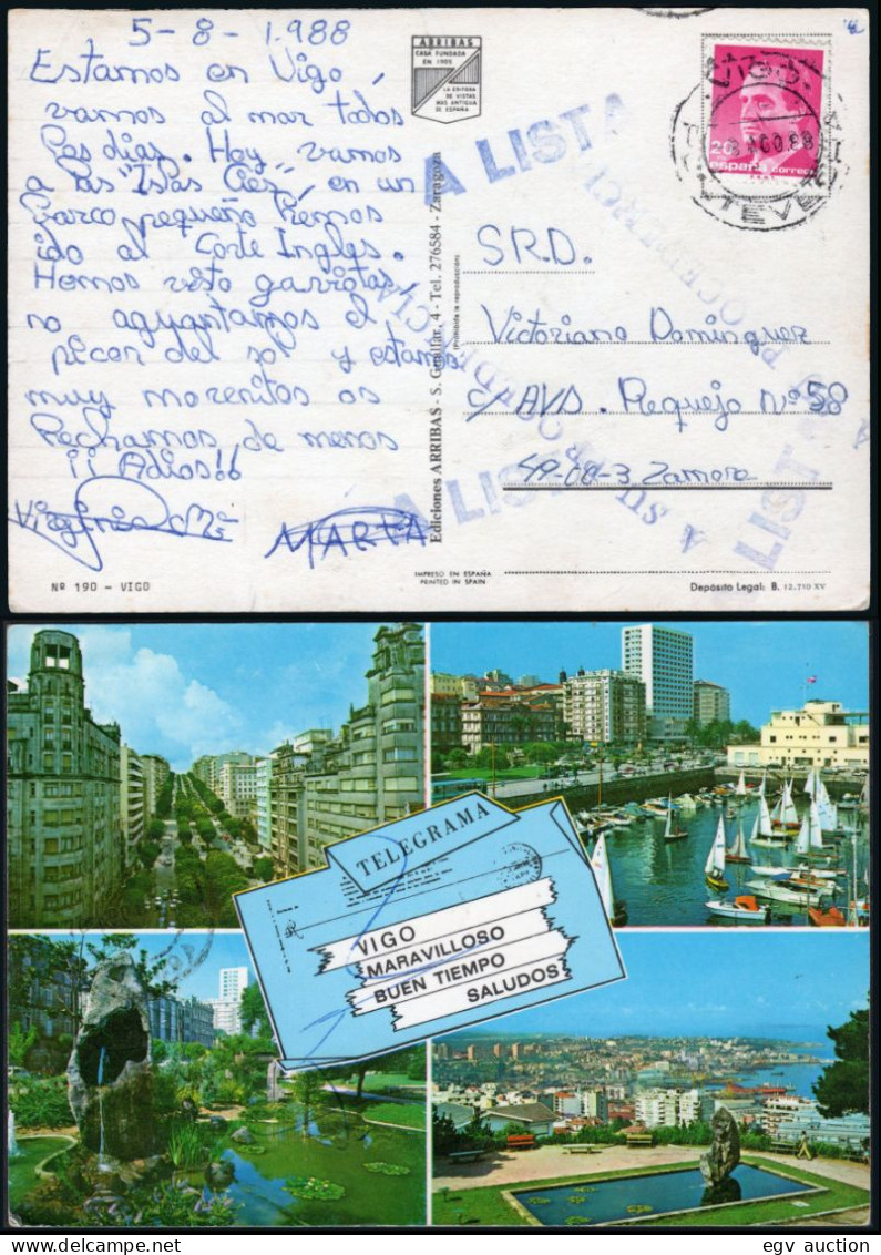 Pontevedra - Edi O TP 2878 - Postal Mat "Vigo 08/08/88" + Marcas "A Lista" + "A Su Procedencia" - Covers & Documents