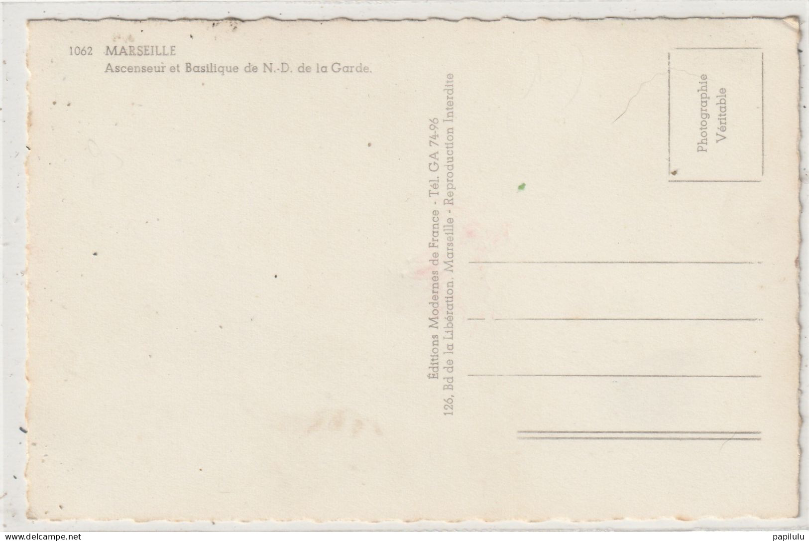 109 DEPT 13 : édit. Moderne De France N° 1062 : Marseille Ascenseur Et Basilique - Notre-Dame De La Garde, Ascenseur