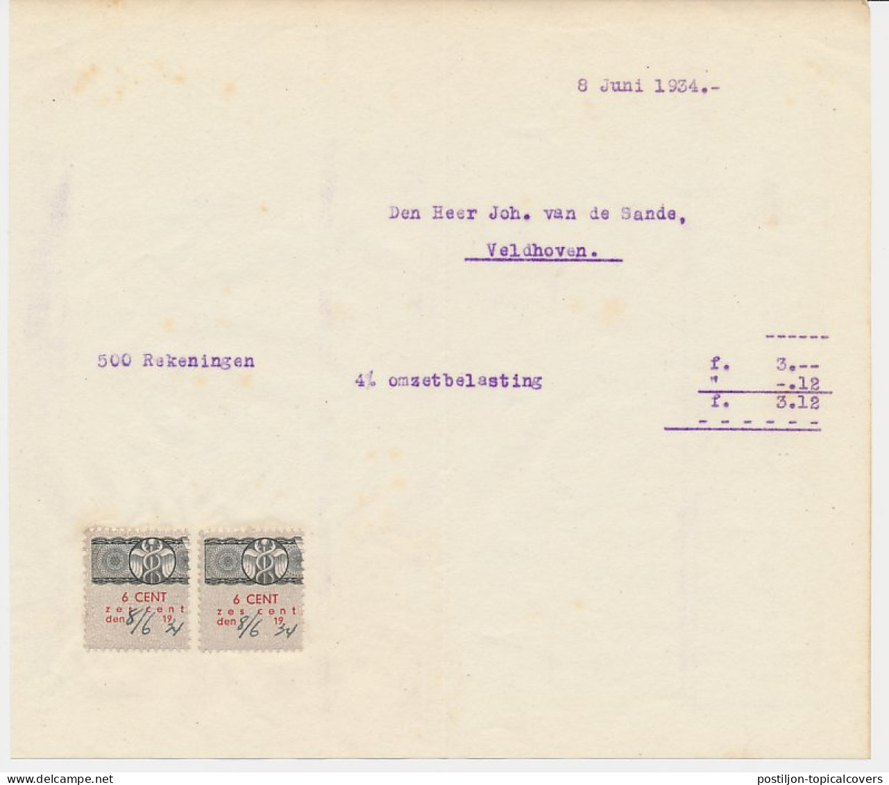 Omzetbelasting 6 CENT - Veldhoven 1934 - Fiscaux