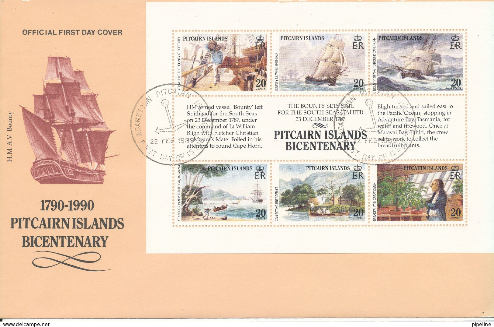 Pitcairn Islands FDC 22-2-1990 H.M.A.V. Bounty Souvenir Sheet 6 X 20 Cents - Pitcairn