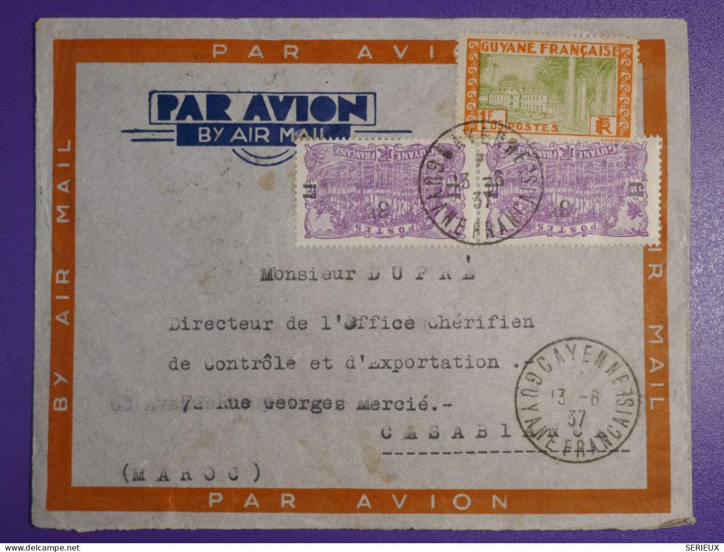 DN6 GUYANNE FRANCAISE BELLE  LETTRE   RARE DESTINATION  1936  CAYENNE A CASABLANCA MAROC + ++ AFFRANCH. INTERESSANT+++ - Lettres & Documents