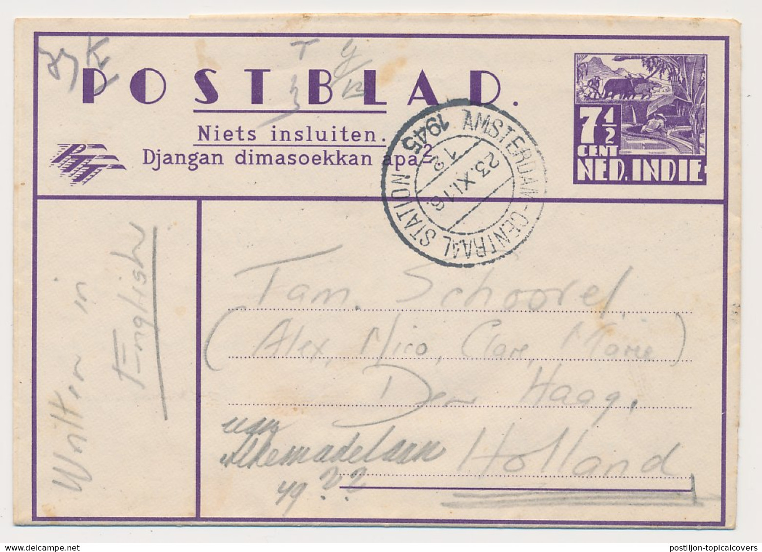 Postblad Camp Lampersari Semarang Neth. Indies - Den Haag 1945 - Netherlands Indies