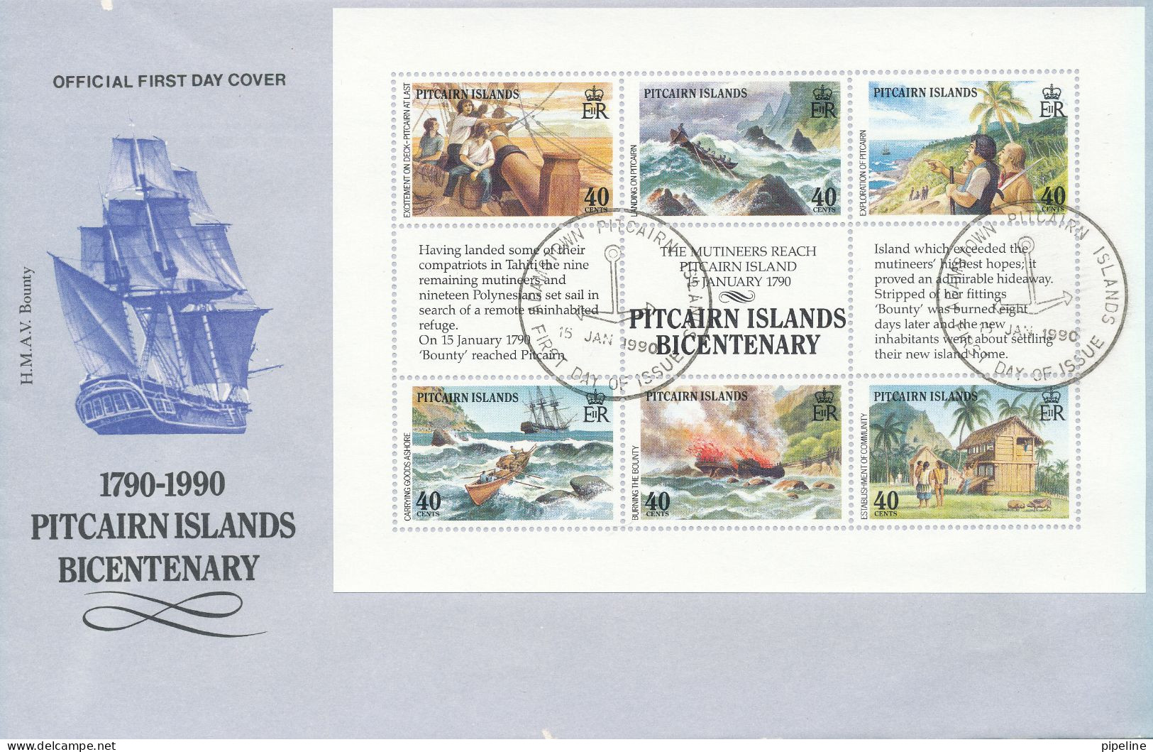 Pitcairn Islands FDC 15-1-1990 H.M.A.V. Bounty Souvenir Sheet 6 X 40 Cents - Pitcairn Islands