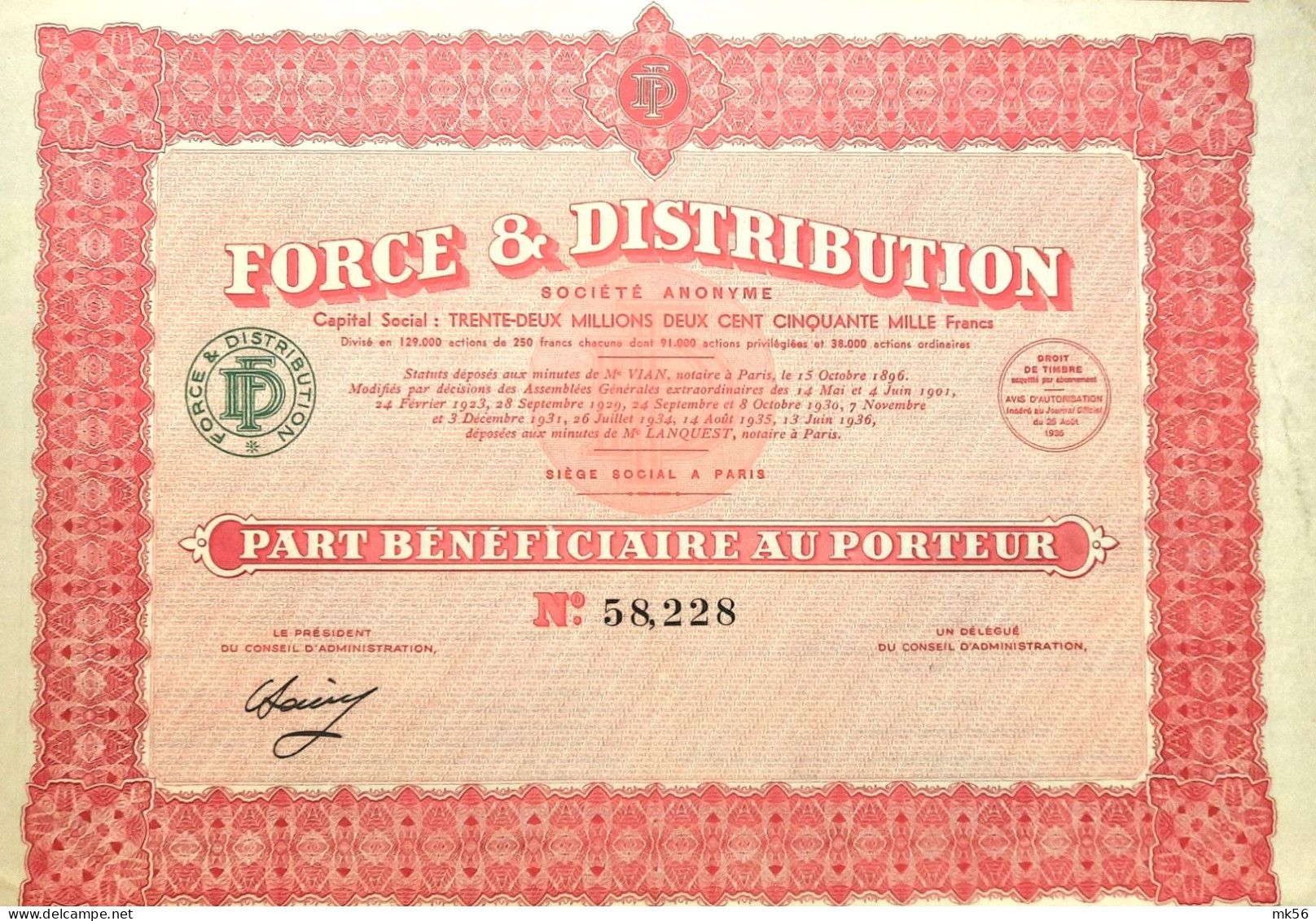 Force & Distribution - Part Bénéficiare Au Porteur - 1936 - Paris - Autres & Non Classés