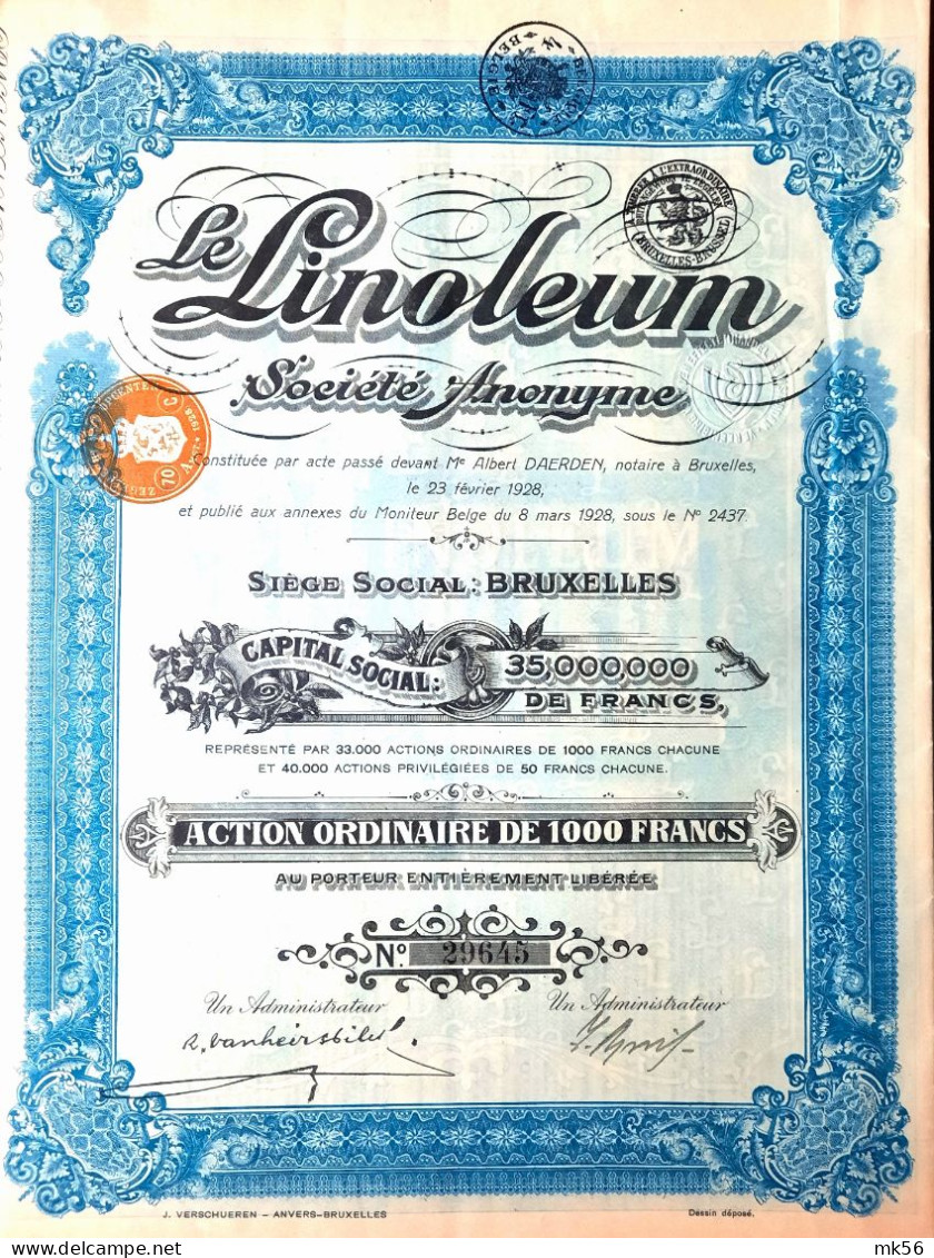 S.A. Linoleum - Bruxelles - Action Ordinaire De 100 Francs - 1928 - Altri & Non Classificati