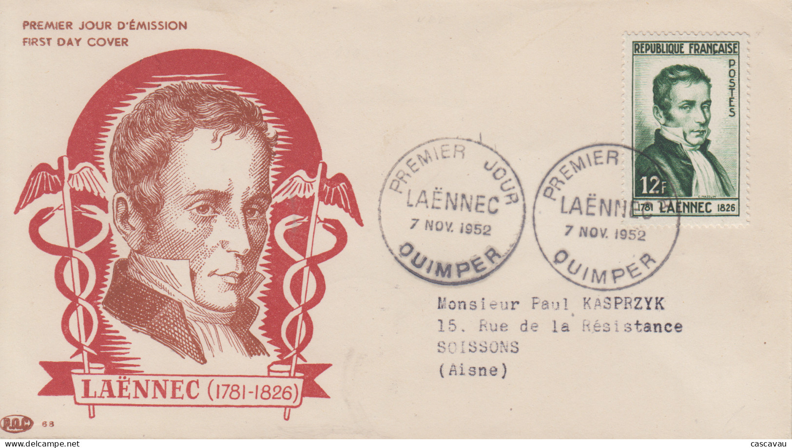 Enveloppe   FDC  1er  Jour    FRANCE    LAËNNEC     QUIMPER   1952 - 1950-1959