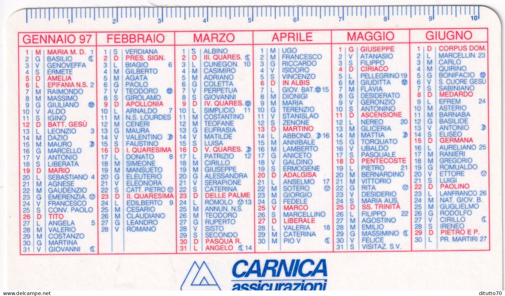 Calendarietto - Carnica Assicurazioni - Anno 1997 - Tamaño Pequeño : 1991-00